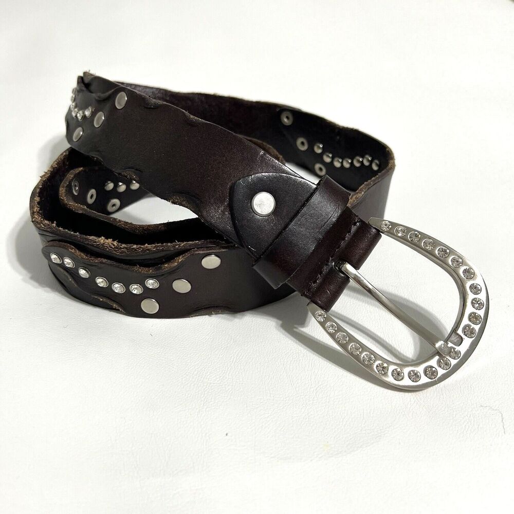 Leather Rhinestone Belt Brown Silver Western Rodeo y2k Studded Women's Large